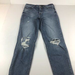 Express Jeans Women's 2 Girlfriend High Rise Blue Faded Distressed Stretch Denim